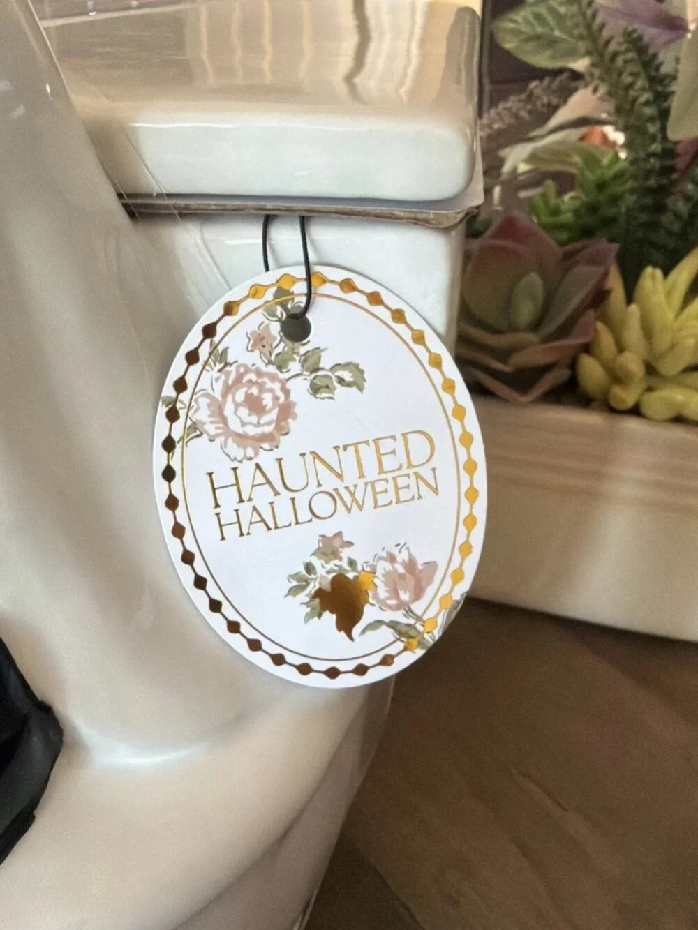 Halloween Vintage-Style Floral Toilet Cookie Jar W Whimsical Ghost & Black Cat